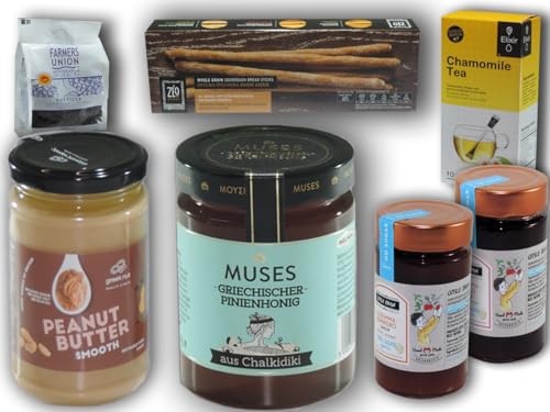 Sweet Greece Breakfast Paket|Griechische Lebensmittel(7 Stück). Honig aus Chalkidiki, No-Sugar Marmeladen, Rosinen, Kamillentee, Erdnussbutter, Brotstangen – Gesundes mediterranes Frühstück. von ele premium selection