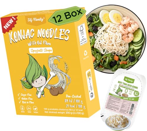 Elf-Family Shirataki Nudeln Probier-Set 12+1 Reis gratis | aus Thailand Vegan Glutenfrei-, Instant Nudeln & Reis/Keto Diet Food/Low carb/Zuckerfrei -240g x12er Box(24 pack) Spaghetti + 1 Box Reis von elf-family