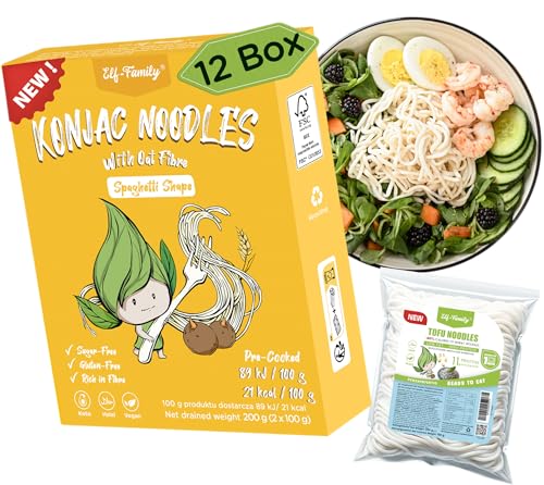 Elf-Family Shirataki Nudeln Probier-Set 12+1 Tofu-Nudel gratis | aus Thailand Vegan Glutenfrei-, Instant Nudeln/Keto Diet Food/Low carb/Zuckerfrei -240g x12er Box(24 pack) Spaghetti + 1 Protein Nudeln von elf-family
