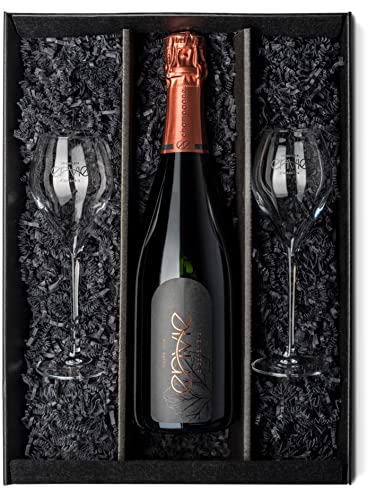 en vie d’éphémère Champagner Rosé Geschenkset, veganer Roséchampagner aus nachhaltigem Anbau, brut, trocken, fruchtig, milde Säure, Pinot Noir, Premier Cru, 0,75 l Flasche und 2 Gläser in schöner Box von en vie d'éphémère