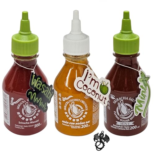 3er Set Sriracha Hot Chili Sauce Flying Goose 3 x 200 ml Chilli Soße (Sorten: Mint-Coconut-Wasabi) mit esnado Drachenanhänger… von esnado