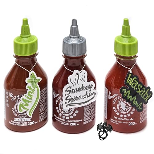 3er Set Sriracha Hot Chili Sauce Flying Goose 3 x 200 ml Chilli Soße (Sorten: Mint-Smokey-Wasabi) mit esnado Drachenanhänger… von esnado