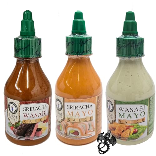3x 200 ml Thai Dancer Würzsaucen im Probier Set | Wasabi Mayo, Sriracha Mayo, Sriracha Wasabi | 3 x 200 ml mit esnado Drachenanhänger | Für Fleischgerichte, Gegrilltes und Gemüse 3x 200 ml Thai Dancer Würzsaucen im Probier Set | Wasabi Mayo, Sriracha Mayo, Sriracha Wasabi | 3 x 200 ml mit esnado Drachenanhänger | Für Fleischgerichte, Gegrilltes und Gemüse von esnado