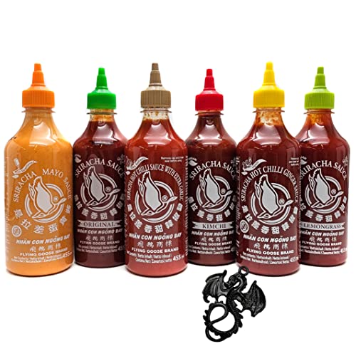 6er Set Sriracha Hot Chili Sauce Flying Goose versch. Sorten 6 x 455ml Chilli Soße mit esnado Drachenanhänger von esnado