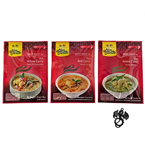 Esnado 3er Set Currypasten Asian Home Gourmet/Thai Green Curry, Thai Red Curry, Thai Yellow Curry / 3 x 50g / Mit Drachenanhänger von esnado