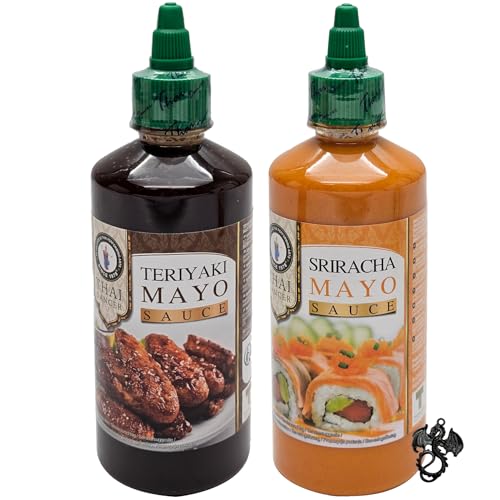Thai Dancer Teriyaki Mayo + Sriracha Mayo im Set 2 x 450 ml mit esnado Drachenanhänger | Für Fleischgerichte, Gegrilltes und Gemüse von esnado