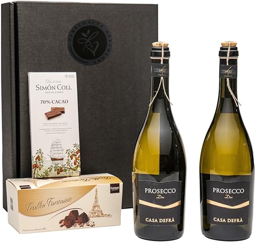 Geschenkset Prosecco mit 2 Fl. Prosecco Casa Defra, feinsten Schokoladentrüffeln und dunkler Schokolade von FABELHAFTE GESCHENKE