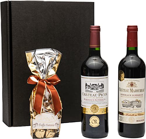 Geschenkset Bordeaux | 2 hochwertige französische Rotweine aus Bordeaux mit Goldmedaillen-Prämierung trocken | 1 x feinste französische Schokoladentrüffel von fabelhafte-geschenke
