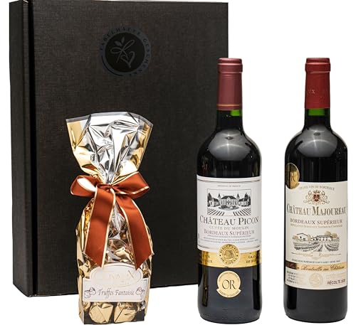 Geschenkset Bordeaux | 2 hochwertige französische Rotweine aus Bordeaux mit Goldmedaillen-Prämierung trocken | 1 x feinste französische Schokoladentrüffel von FABELHAFTE GESCHENKE