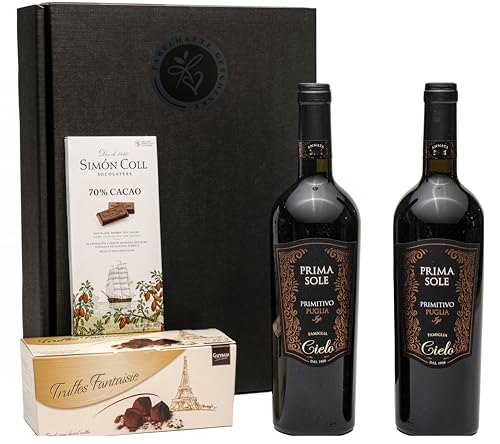 Geschenkset 2 x Rotwein Primitivo mit Schokoladentrüffeln und dunkler Schokolade von fabelhafte-geschenke