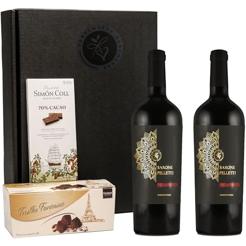 Geschenkset 2 Fl. Rotwein Primitivo mit Schokoladentrüffeln und dunkler Schokolade | Weinpräsent für Genießer von FABELHAFTE GESCHENKE