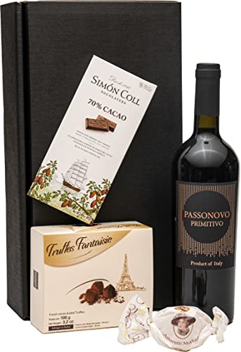 Geschenkset Rotwein mit Schokoladentrüffeln und dunkler Schokolade von FABELHAFTE GESCHENKE