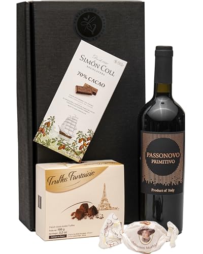 Geschenkset Rotwein mit Schokoladentrüffeln und dunkler Schokolade von FABELHAFTE GESCHENKE