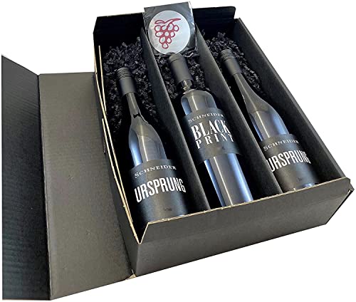 Geschenkset Rotwein von Markus Schneider | 2 Fl. Ursprung | 1 Fl. Black Print | Weingut Markus Schneider | Pfalz | 1 Weinausgießer Drop Stop fabelhafte-geschenke in hochwertiger Geschenkverpackung von FABELHAFTE GESCHENKE