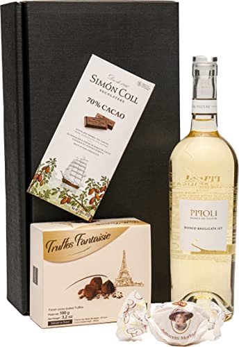 Geschenkset Weißwein aus Italien mit Schokoladentrüffeln und dunkler Schokolade von FABELHAFTE GESCHENKE