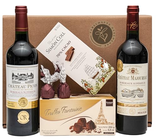 Geschenkset französische Genüsse | mit französischem Rotwein (Bordeaux) trocken | Schokoladen-Trüffel | Zartbitterschokolade | 2 x Feigen in Schokolade | Präsentkorb für Männer und Frauen von FABELHAFTE GESCHENKE