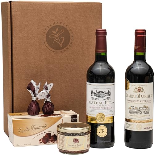 Geschenkset französischer Genuss | 2 x französischer Rotwein (Bordeaux) trocken | Schokoladentrüfffel | Wildschweinpastete | 2 x Feigen in Schokolade von FABELHAFTE GESCHENKE