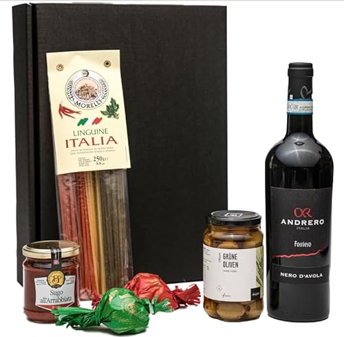 Geschenkset für Genießer mit hochwertigem Rotwein aus Sizilien, italienischer Pasta, Sugo und Oliven von FABELHAFTE GESCHENKE