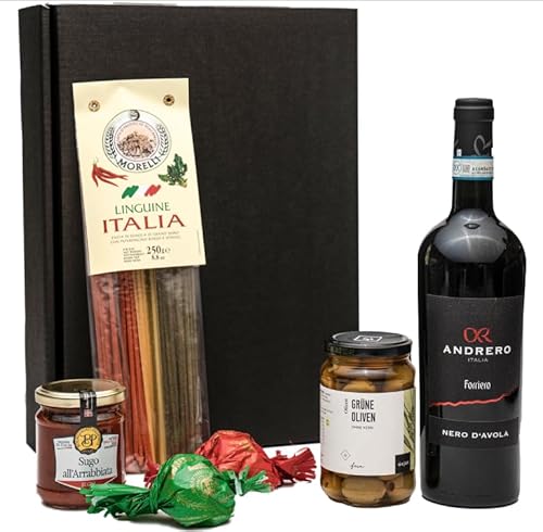 Geschenkset für Genießer mit hochwertigem Rotwein aus Sizilien, italienischer Pasta, Sugo und Oliven von FABELHAFTE GESCHENKE