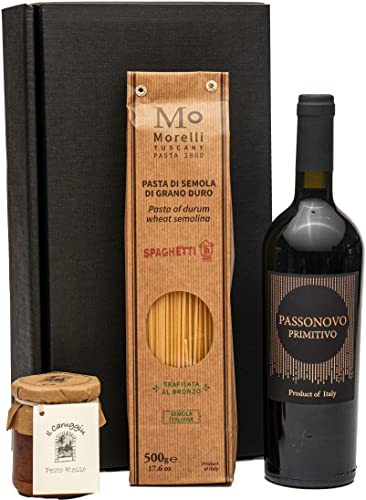 Geschenkset Rotwein mit Pasta und Sugo | Primitivo Infiniti IGT 0,75 l | Spaghetti Morelli und Sugo all Basilico | Italien von fabelhafte-geschenke