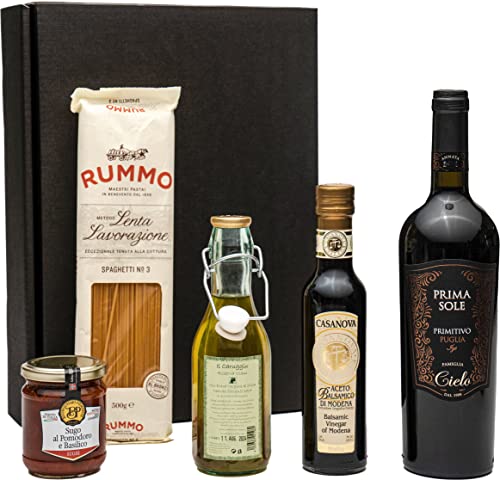 Geschenkset italienische Genüsse mit Rotwein Primitivo, Spaghetti, Sugo, Olivenöl Extra Vergine und Aceto Balsamico di Modena von fabelhafte-geschenke