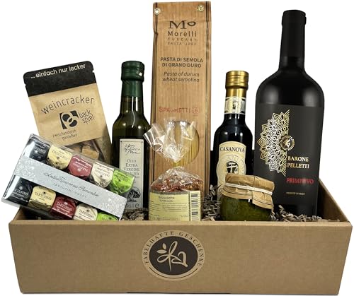 Geschenkset italienische Genüsse mit Rotwein Primitivo, Spaghetti, Sugo, Olivenöl Extra Vergine und Aceto Balsamico di Modena von FABELHAFTE GESCHENKE