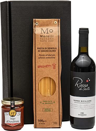 Geschenkset italienische Genüsse mit Rotwein aus Sizilien, Spaghetti und Sugo all Basilico Geschenkset italienische Genüsse mit Rotwein aus Sizilien, Spaghetti und Sugo all Basilico von FABELHAFTE GESCHENKE