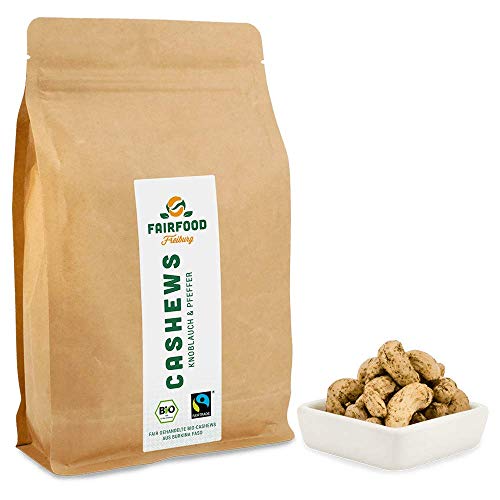 Bio Fairtrade Cashewkerne Knoblauch & Pfeffer (500g) | Geröstet in Freiburger Manufaktur | Fair gehandelte Cashews aus Burkina Faso von fairfood Freiburg