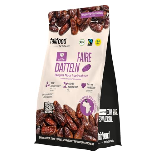 fairfood Bio getrocknete Datteln Deglet Nour 800 g – Ohne Stein, ungeschwefelt & ungezuckert – Fairtrade & aus kontrolliert biologischer Landwirtschaft von fairfood Freiburg