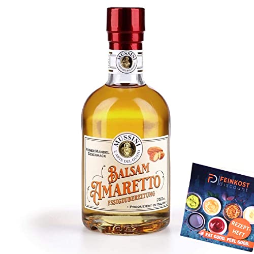 Balsam Amaretto – 250ml Essig 4% Säure | mit Rezeptheft | WürzWerk Mussini | Balsam Essig mit Amarettoaroma - Essigzubereitung von fd feinkost discount