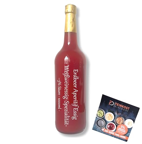 Erdbeer Aperitif Essig | Weißweinessig | 3% Säure | Spezialität | 1000 ml Essig Flasche Nachfüllflasche mit Rezeptheft von fd feinkost discount