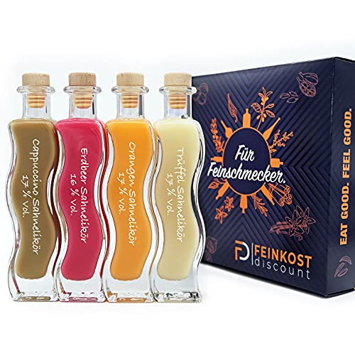 Geschenkbox | 4 x 100ml | Pralinen Sahnelikör 17% vol. - Orangen Sahnelikör 17% vol. - Erdbeer Sahnelikör 16% vol. - Cappuccino Sahnelikör 17% vol. | Feinkost Set von fd feinkost discount