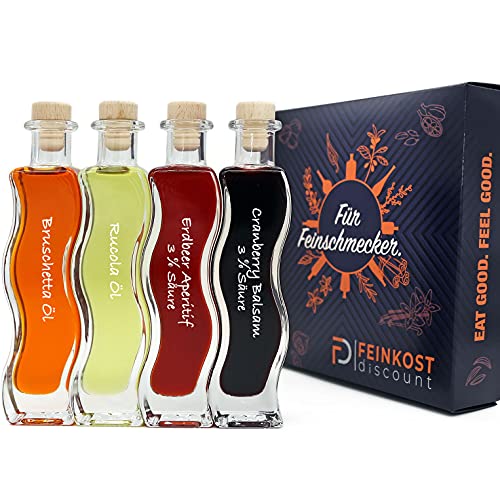 Geschenkbox Präsentbox | Männer und Frauen | 2 x 100 ml Öl & 2 x 100 ml Essig | Erdbeer Essig 3% Säure - Cranberry Essig 3% Säure - Rucola Öl - Bruschetta Öl, Geschenkkorb | Feinkost Set … Geschenkbox Präsentbox | Männer und Frauen | 2 x 100 ml Öl & 2 x 100 ml Essig | Erdbeer Essig 3% Säure - Cranberry Essig 3% Säure - Rucola Öl - Bruschetta Öl, Geschenkkorb | Feinkost Set … von fd feinkost discount