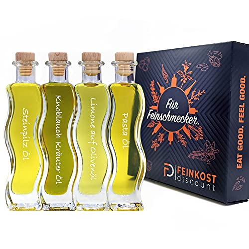 Geschenkset BOX & Probierset | 4 x 100ml Öl | Mann und Frau | Steinpilz Öl - Olivenöl Limone - Knoblauch-Kräuter Öl - Pasta Öl | Feinkost Set … von fd feinkost discount