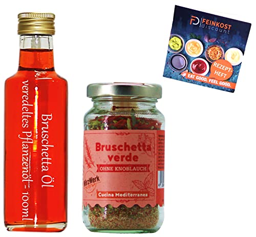 Probierset Mitbringsel | Feinkost | 100 ml Bruschetta Öl + Bruschetta Verde Kräutermischung mit Rezeptheft von fd feinkost discount