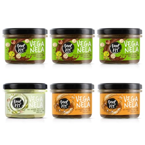 Feel FIT VEGANELA ohne Zuckerzusats Mixbox: 3 x Kakao-Hazelnuss-Aufstrich, 2 x gesalzener Karamellaufstrich, 1 x 45% Pistaziencreme, 6er Pack (6 x 200 g) von feel fit