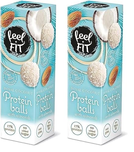 Feel FIT Zuckerfreie Kokos-Pralinen mit Mandeln á 27 g, Zuckerfreie Snack, Protein Balls mit Kokosraspeln (Packung mit 2) von feel fit