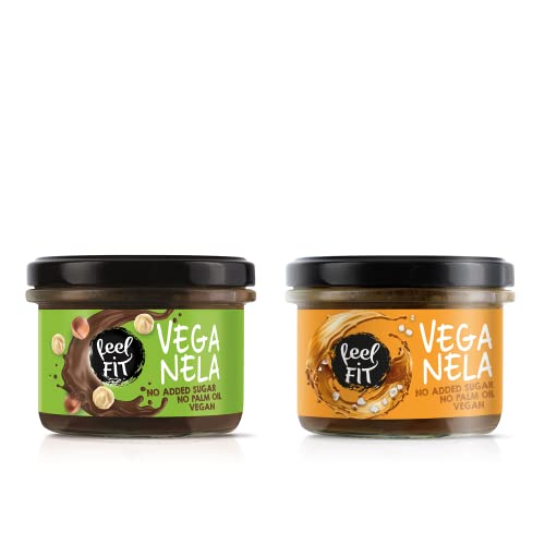 Feel FIT VEGANELA gesalzener Karamellaufstrich & Kakao-Haselnuss-Aufstrich, ohne Zuckerzusatz, ohne Palmöl & vegan, 6er Pack (6 x 200 g) von feel fit