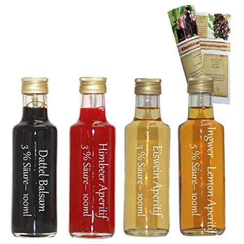 Essig Geschenkset & Probierset | 4 x 100ml Essig | Dattel Balsam - Himbeer Essig - Eiswein Essig - Ingwer Lemone Aperitif Essig | mit Rezeptbroschüre von feinkostdiscount24