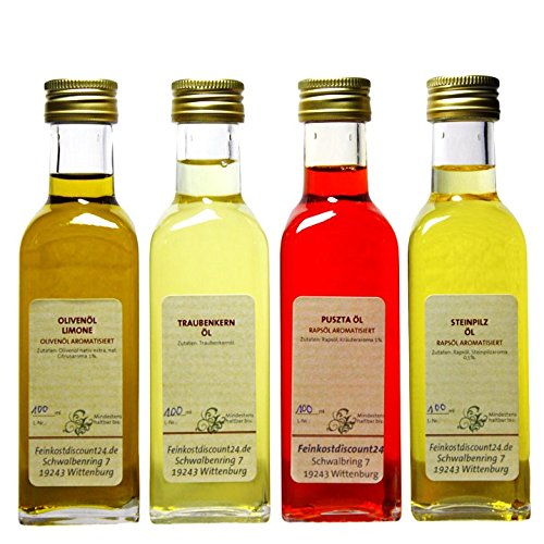 Geschenkset | 4 x 100 ml Öl | Steinpilz Öl - Olivenöl Limone - Puszta Öl - Traubenkern Öl von feinkostdiscount24