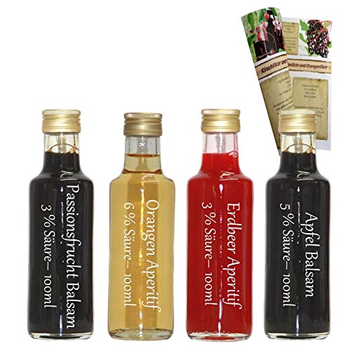 Leckeres Geschenkset & Probierset | 4 x 100ml Essig | Orangen Aperitif - Passionsfrucht Balsam Essig - Apfel Balsam Essig - Erdbeer Aperitif Essig | mit Rezeptbroschüre von feinkostdiscount24