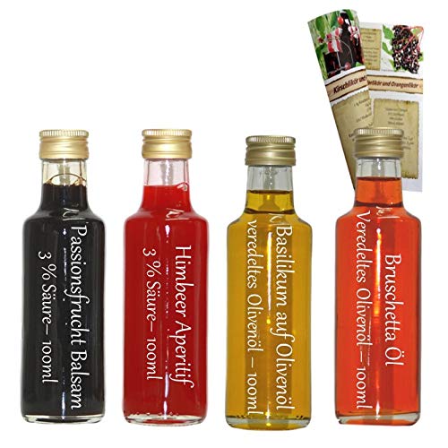 Öl/Essig Geschenkset & Probierset | 2 x 100ml Essig + 2 x 100ml Öl | Passionsdrucht Balsam - Himbeer Essig - Basilikum Öl - Bruschetta Öl | mit Rezeptbroschüre von feinkostdiscount24