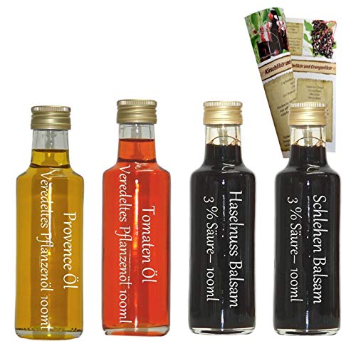 Öl/Essig Geschenkset & Probierset | 2 x 100ml Essig + 2 x 100ml Öl | Tomaten Öl - Provence Öl - Haselnuss Balsam - Schlehen Balsam | mit Rezeptbroschüre von feinkostdiscount24