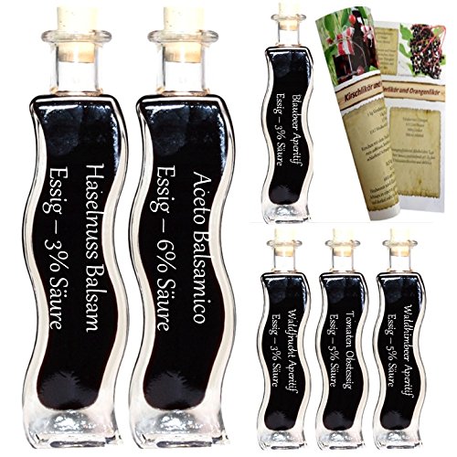 Geschenkset & Probierset | 6 x 100ml Essig | Aceto Balsamice - Haselnuss Balsam - Blaubeer Aperitif - Waldfrucht Aperitif - Tomaten Essig -Himbeer Aperitif | mit Rezeptbroschüre von fd feinkost discount