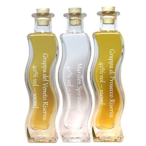 Probier- und Geschenkset | 3 x 100ml in einer edlen Wellen- Flasche | Grappa Prosecco 42% vol. & Grappa del Veneto Riserva 40% vol. & Marillen Spirituose 40% vol. Probier- und Geschenkset | 3 x 100ml in einer edlen Wellen- Flasche | Grappa Prosecco 42% vol. & Grappa del Veneto Riserva 40% vol. & Marillen Spirituose 40% vol. von fd feinkost discount