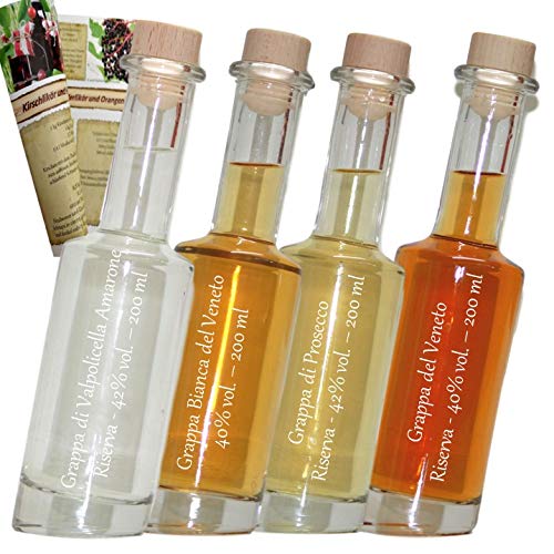 Probier- und Geschenkset | 4 x 200ml Grappa | Grappa di Prosecco 42% vol | Grappa del Veneto Riserva 40% vol | Grappa Bianca del Veneto 40% vol | Grappa di Valpolicella Riserva 42% vol von feinkostdiscount24