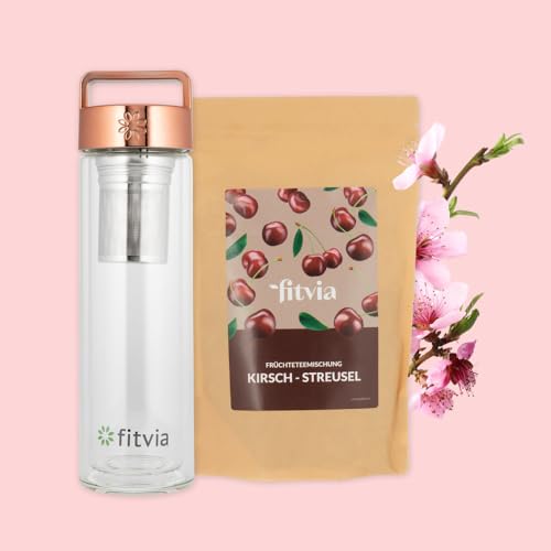 fitvia Teeset "Cherry Blossom" I 380ml Thermoflasche rosé Gold &100g Früchtetee Kirsch-Streusel I Hibiskusblüten, Kirschen, Rosenblütenblätter I höchste Qualität & Reinheit von fitvia