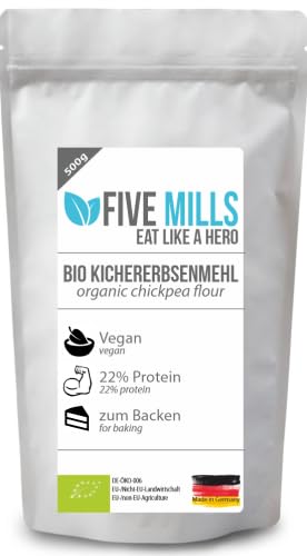 Bio Kichererbsenmehl 1x500g aus 100% veganen Kichererbsen; perfekt als Weizenmehlersatz; geeignet für einen Slow Carb Diät, der kernige Geschmack verfeinert viele Backwaren von five mills