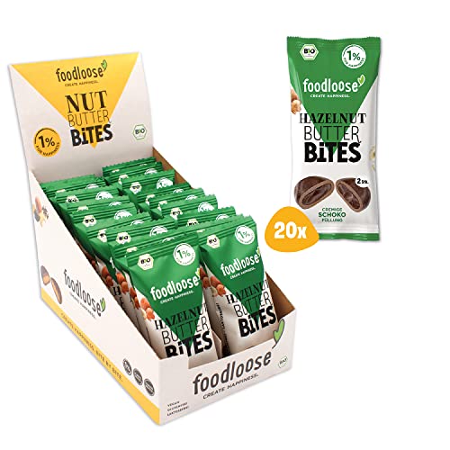 foodloose Bio-Hazelnut Butter Bites Schoko | Leckerer Snack aus Datteln mit cremiger Haselnussmus-Schoko Füllung| Vegan, Bio, glutenfrei & ohne raffinierten Zucker | Vorteilspack (20 x 40g) von foodloose