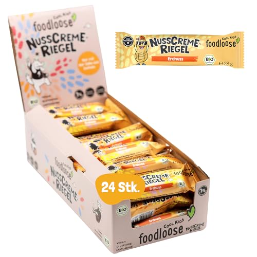 foodloose COOL KIDS Bio-Nusscreme-Riegel Erdnuss | Leckerer Bio-Riegel aus Datteln mit cremiger Erdnussmus-Füllung| Vegan, glutenfrei & ohne Zuckerzusatz | Vorteilspack (24 Riegel x 28g) von foodloose